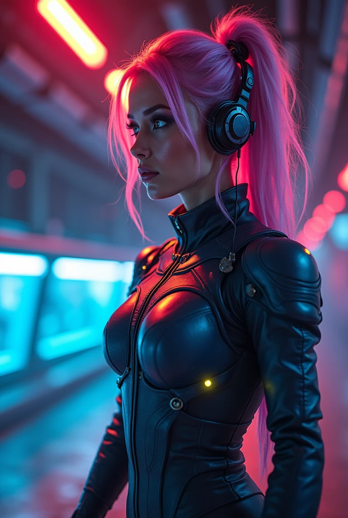masterpiece, reality, 4k, (medium full shot) of (enigmatic cyberpunk hacker) young woman, brazilian, tan skin, hazel eyes, slender build, long rainbow messy voluminous mane hair with shave sides, labret piercing, wearing a cyberpunk electric blue jumpsuit with biometric sensors, platform boots with neon highlights, tech headset, carrying a data pad, set in a neon-lit rooftop garden, with cybernetic plants, futuristic seating, a stunning view of the city, woman smiling