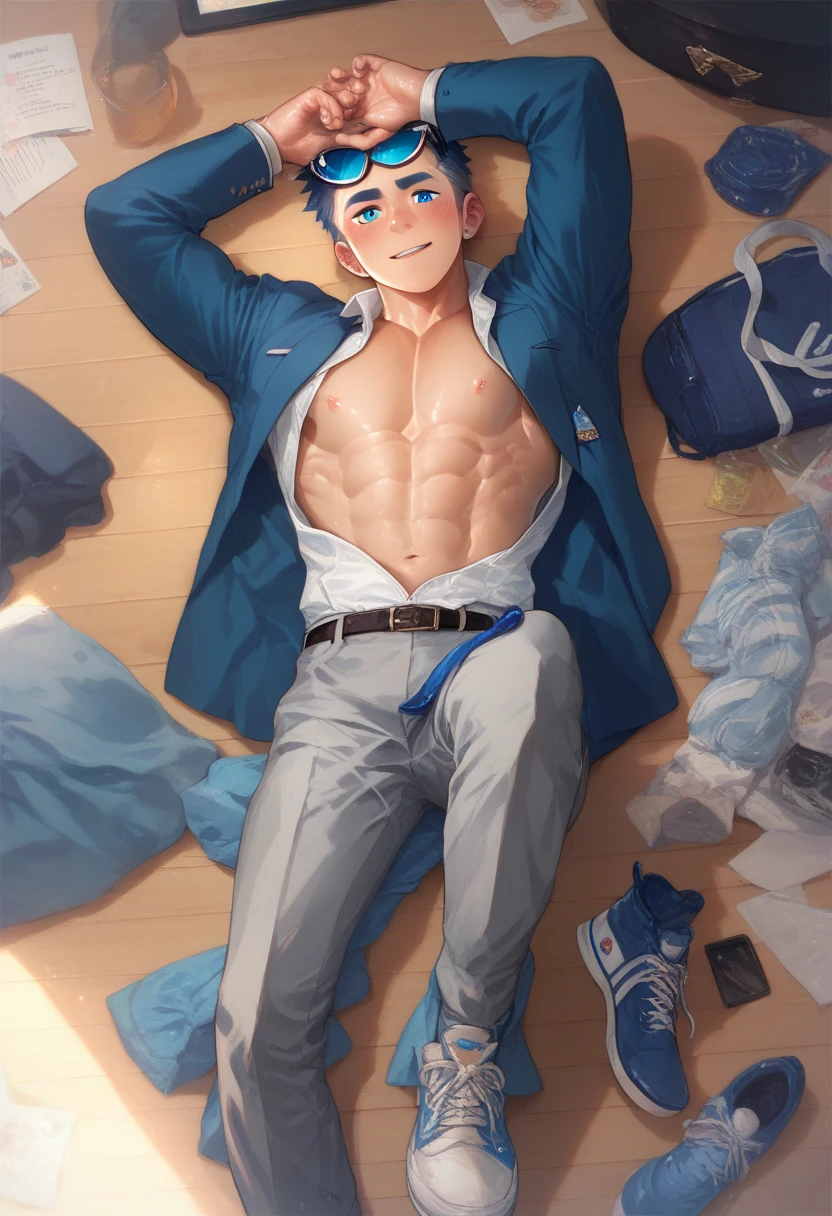 Blue-eyed blond boy with cute twink in a suit lying on the floor 