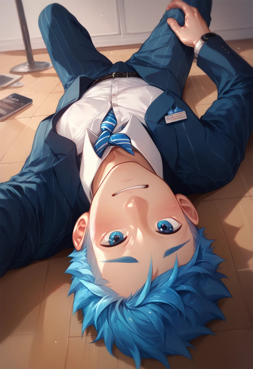 Blue-eyed blond boy with cute twink in a suit lying on the floor 