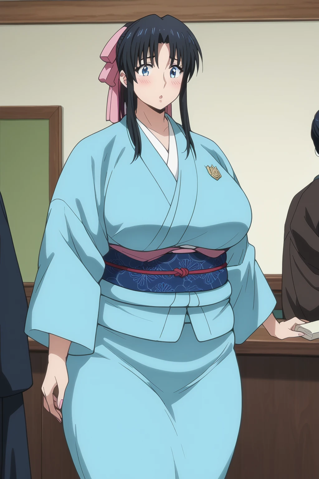 Kaoru Kamiya, Kaoru Kamiya,　 long hair,  pink barrette ribbon , bangs,  blue eyes, Thighs, Black Hair,  light blue kimono ,　Navy blue Kimono obi ,  kimono,  score_9,   score_8_up,   score_7_up,   score_6_up,   score_5_up,   score_4_up,     masterpiece   ,   top quality,   very aesthetic,   absurd,   source_Anime, Anime screencap,   one woman , Alone,  personal  ,  Super huge breasts, (((Super huge クレビス, Super huge , Super huge boob))), Curvy,  chubby, Mature Woman,  obese body type, blush, Shy woman,  stomach flesh sticking out of clothes,　 sloppy stomach ,  saggy stomach ,  short due to the heat, Short legs