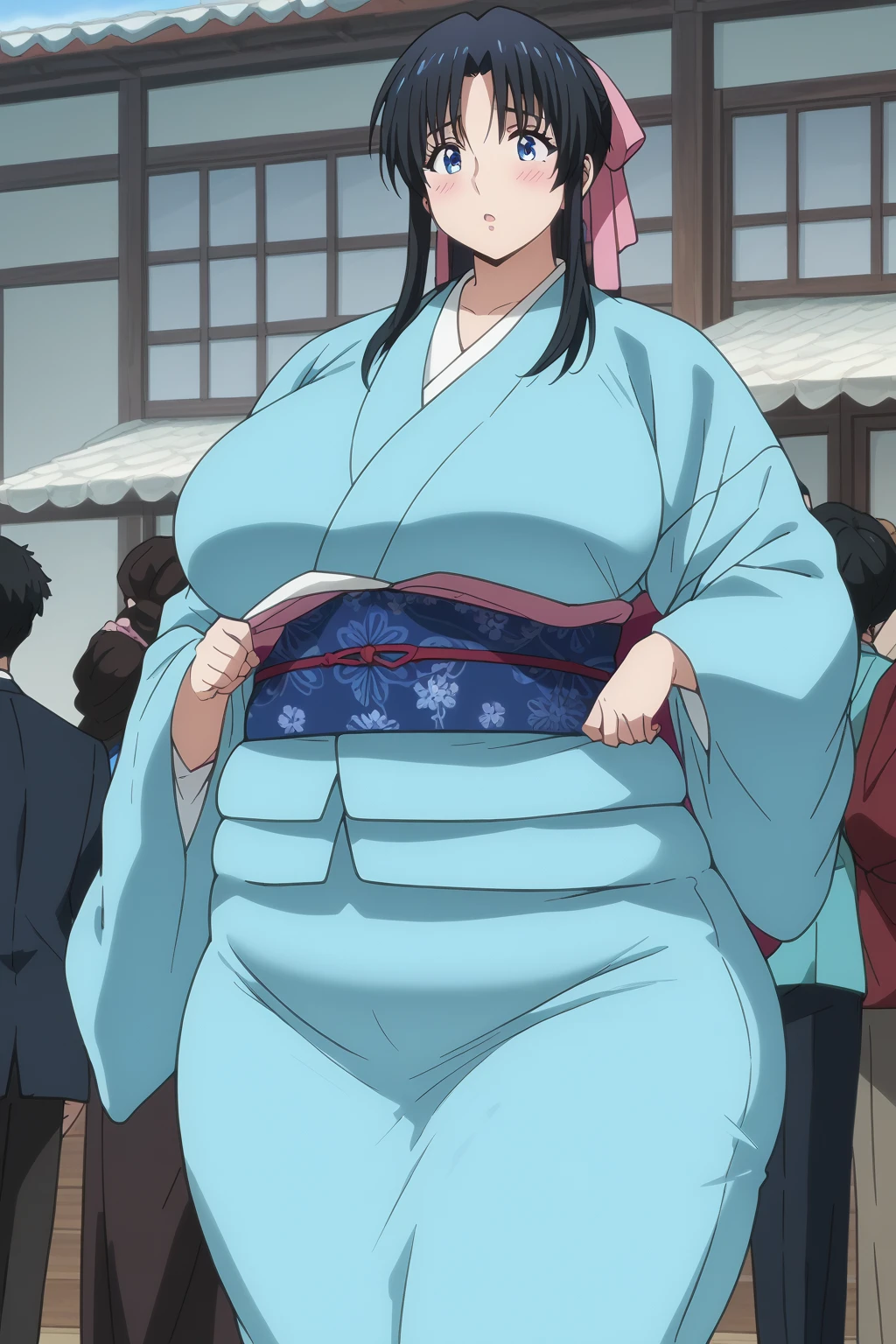 Kaoru Kamiya, Kaoru Kamiya,　 long hair,  pink barrette ribbon , bangs,  blue eyes, Thighs, Black Hair,  light blue kimono ,　Navy blue Kimono obi ,  kimono,  score_9,   score_8_up,   score_7_up,   score_6_up,   score_5_up,   score_4_up,     masterpiece   ,   top quality,   very aesthetic,   absurd,   source_Anime, Anime screencap,   one woman , Alone,  personal  ,  Super huge breasts, (((Super huge クレビス, Super huge , Super huge boob))), Curvy,  chubby, Mature Woman,  obese body type, blush, Shy woman,  stomach flesh sticking out of clothes,　 sloppy stomach ,  saggy stomach ,  short due to the heat, Short legs