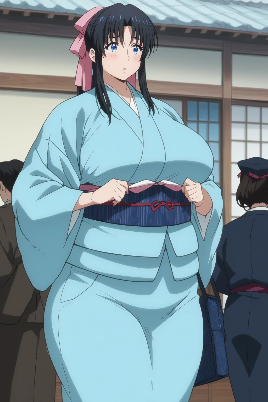 Kaoru Kamiya, Kaoru Kamiya,　 long hair,  pink barrette ribbon , bangs,  blue eyes, Thighs, Black Hair,  light blue kimono ,　Navy blue Kimono obi ,  kimono,  score_9,   score_8_up,   score_7_up,   score_6_up,   score_5_up,   score_4_up,     masterpiece   ,   top quality,   very aesthetic,   absurd,   source_Anime, Anime screencap,   one woman , Alone,  personal  ,  Super huge breasts, (((Super huge クレビス, Super huge , Super huge boob))), Curvy,  chubby, Mature Woman,  obese body type, blush, Shy woman,  stomach flesh sticking out of clothes,　 sloppy stomach ,  saggy stomach ,  short due to the heat, Short legs