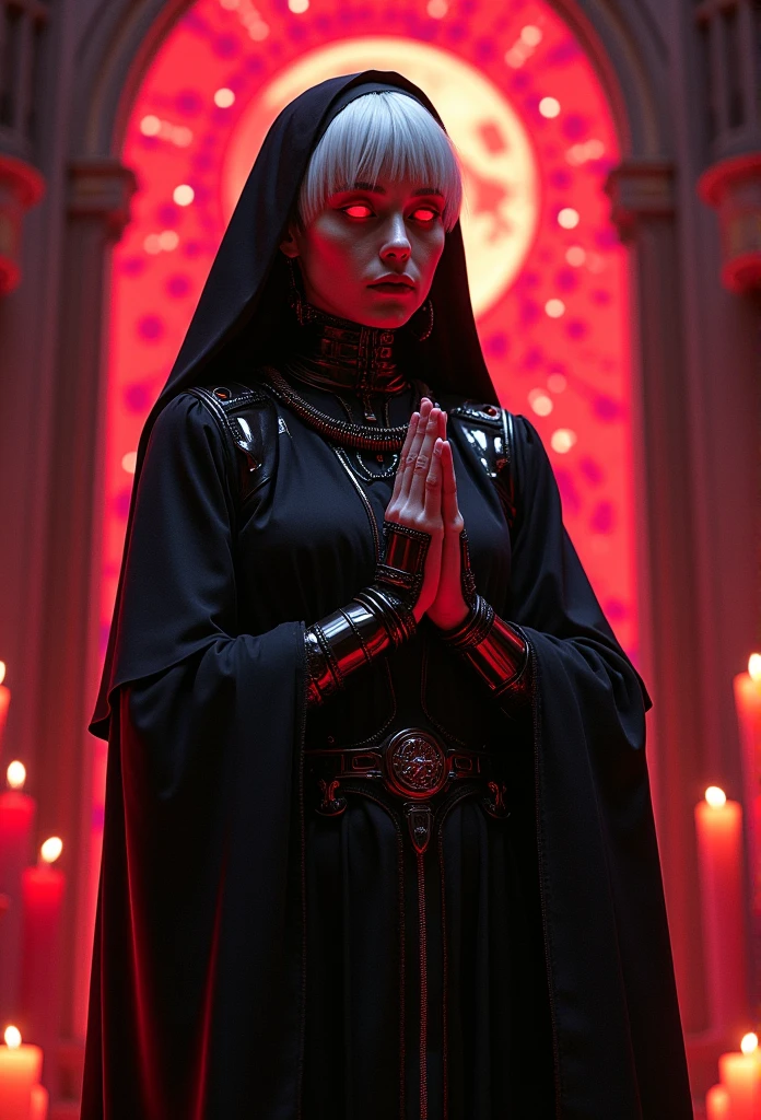 Dark Moon Goddess, cloaked in shadow and mystery, a cybernetic gothic nun.
Short white hair, glowing red eyes, metallic habit with neon accents, bathed in crimson.
Praying amidst floating candles, in a futuristic cathedral of holographic stained glass.
Retro-futurism meets black metal, where technology and faith forge an ethereal abyss.