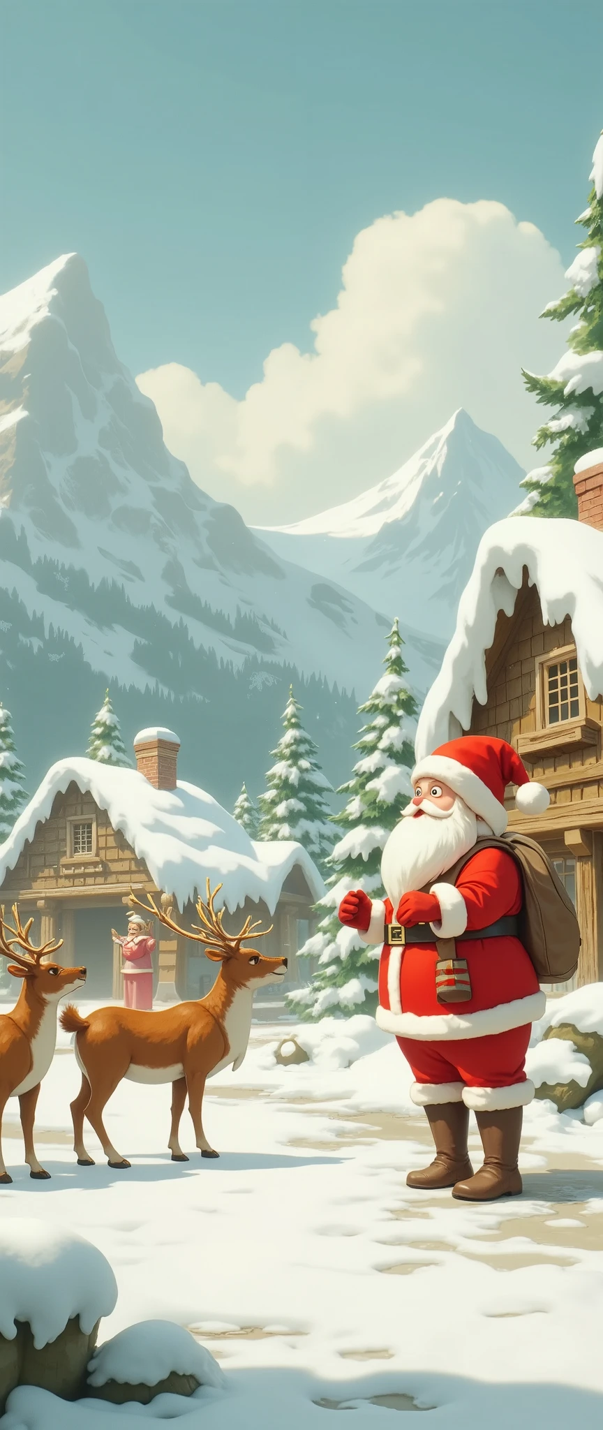 (masterpiece:1.2, top quality),( very detailed), Best Illustration ,8k,16k, Santa Clausの村,beautiful, reindeer, Santa Claus, Santa Clausの家