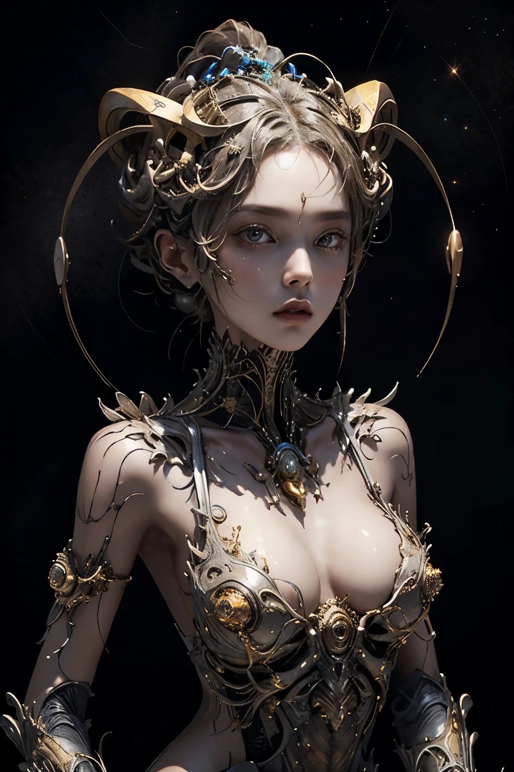 Portraits of the most beautiful chaotic forms, elegance, Fauvist design, bright colors, romanticism, by James Jean, Roby Dwi Antono, Ross Tran, Francis Bacon, Michal Mraz, Adrian Ghenie, Petra Cortright, Gerhard Richter, Takato, Yamamoto, Ashley Wood, Atmosphere, Trends on ArtStation. 8K masterpiece. (Alphonse Mucha Style:1.2), 3D Render, CGI, Symetrical, Octane Render, 35mm, Bokeh, 9:16, (Intricate Details:1.12), HDR, (Intricate Details, Hyperdetailed:1.15), (Natural Skin Texture, Hyperrealism, Soft Light, Sharp:1.5), rimlight, low, glowing, diamond crown, thigh, hand lamp