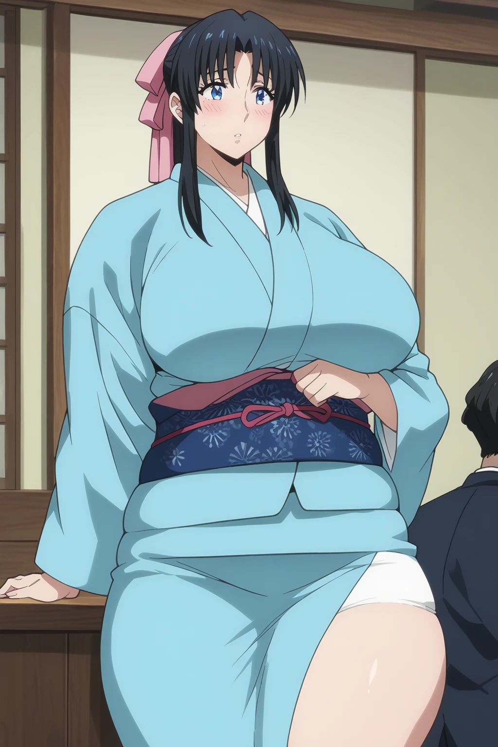 Kaoru Kamiya, Kaoru Kamiya,　 long hair,  pink barrette ribbon , bangs,  blue eyes, Thighs, Black Hair,  light blue kimono ,　Navy blue Kimono obi ,  kimono,  score_9,   score_8_up,   score_7_up,   score_6_up,   score_5_up,   score_4_up,     masterpiece   ,   top quality,   very aesthetic,   absurd,   source_Anime, Anime screencap,   one woman , Alone,  personal  ,  Super huge breasts, (((Super huge クレビス, Super huge , Super huge boob))), Curvy,  chubby, Mature Woman,  obese body type, blush, Shy woman,  stomach flesh sticking out of clothes,　 sloppy stomach ,  saggy stomach ,  short due to the heat, Short legs