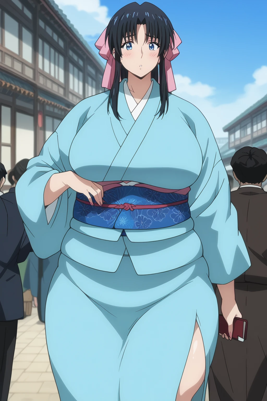 Kaoru Kamiya, Kaoru Kamiya,　 long hair,  pink barrette ribbon , bangs,  blue eyes, Thighs, Black Hair,  light blue kimono ,　Navy blue Kimono obi ,  kimono,  score_9,   score_8_up,   score_7_up,   score_6_up,   score_5_up,   score_4_up,     masterpiece   ,   top quality,   very aesthetic,   absurd,   source_Anime, Anime screencap,   one woman , Alone,  personal  ,  Super huge breasts, (((Super huge クレビス, Super huge , Super huge boob))), Curvy,  chubby, Mature Woman,  obese body type, blush, Shy woman,  stomach flesh sticking out of clothes,　 sloppy stomach ,  saggy stomach ,  short due to the heat, Short legs