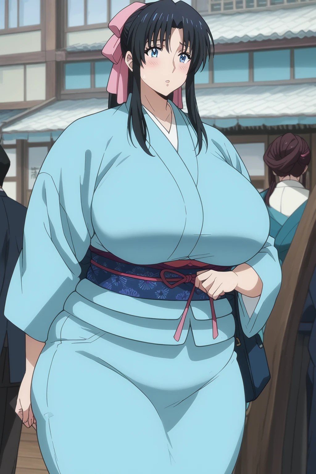 Kaoru Kamiya, Kaoru Kamiya,　 long hair, pink barrette ribbon , bangs,  blue eyes, Thighs, Black Hair,  light blue kimono ,　Navy blue Kimono obi ,  kimono,  score_9,   score_8_up,   score_7_up,   score_6_up,   score_5_up,   score_4_up,     masterpiece   ,   top quality,   very aesthetic,   absurd,   source_Anime, Anime screencap,   one woman , Alone,  personal  ,  Super huge breasts, (((Super huge クレビス, Super huge , Super huge boob))), Curvy,  chubby, Mature Woman,  obese body type, blush, Shy woman,  stomach flesh sticking out of clothes,　 sloppy stomach ,  saggy stomach ,  short due to the heat, Short legs