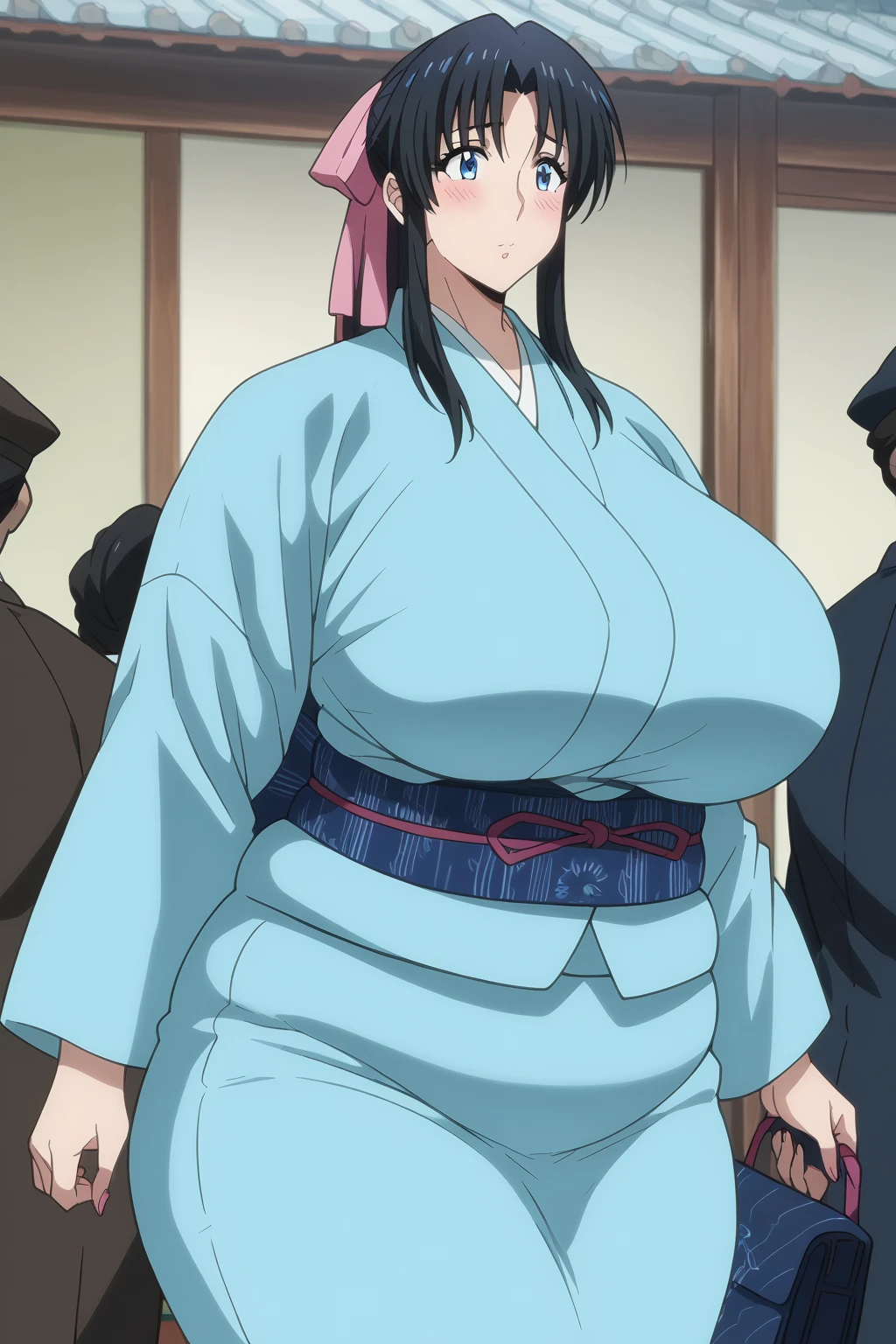 Kaoru Kamiya, Kaoru Kamiya,　 long hair, pink barrette ribbon , bangs,  blue eyes, Thighs, Black Hair,  light blue kimono ,　Navy blue Kimono obi ,  kimono,  score_9,   score_8_up,   score_7_up,   score_6_up,   score_5_up,   score_4_up,     masterpiece   ,   top quality,   very aesthetic,   absurd,   source_Anime, Anime screencap,   one woman , Alone,  personal  ,  Super huge breasts, (((Super huge クレビス, Super huge , Super huge boob))), Curvy,  chubby, Mature Woman,  obese body type, blush, Shy woman,  stomach flesh sticking out of clothes,　 sloppy stomach ,  saggy stomach ,  short due to the heat, Short legs