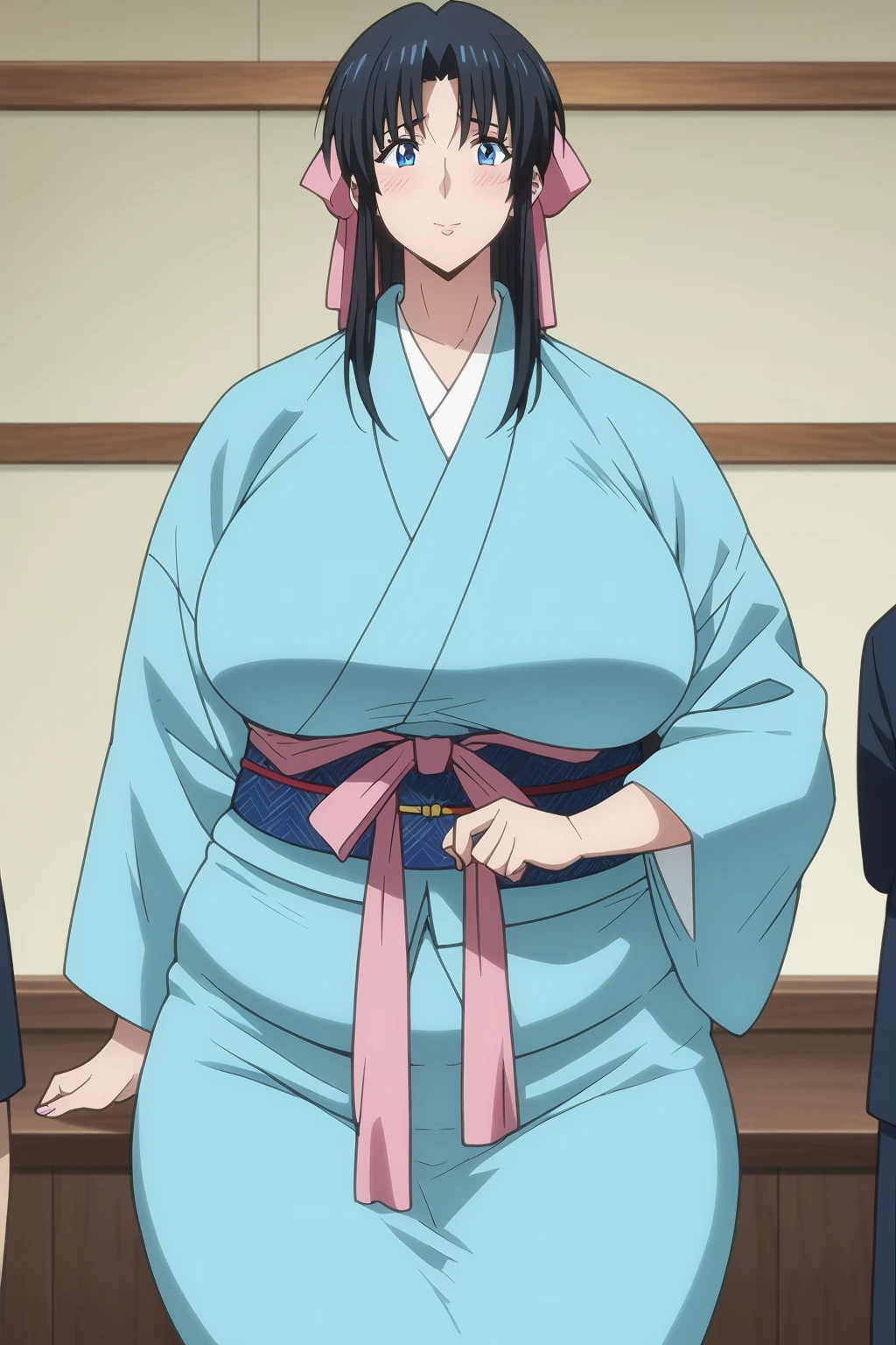 Kaoru Kamiya, Kaoru Kamiya,　 long hair, pink barrette ribbon , bangs,  blue eyes, Thighs, Black Hair,  light blue kimono ,　Navy blue Kimono obi ,  kimono,  score_9,   score_8_up,   score_7_up,   score_6_up,   score_5_up,   score_4_up,     masterpiece   ,   top quality,   very aesthetic,   absurd,   source_Anime, Anime screencap,   one woman , Alone,  personal  ,  Super huge breasts, (((Super huge クレビス, Super huge , Super huge boob))), Curvy,  chubby, Mature Woman,  obese body type, blush, Shy woman,  stomach flesh sticking out of clothes,　 sloppy stomach ,  saggy stomach ,  short due to the heat, Short legs