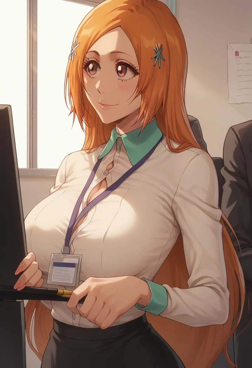 Inoue orihime, Bleach, office background, Office aoutfit, smile, Big chest, white tshirt, buttons Open, ID card, Office skirt, coffe in hand, secretary, folders, Orange hair, long hair,charming, hot body, computers, sunlight Window, perfect and Beauty worker, pencils, hd, másterpiece, details, 