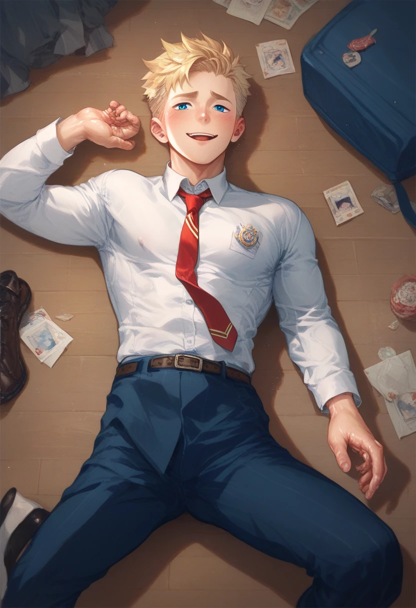 Blond-haired and blue-eyed cute twink boy in a suit lying on the floor 