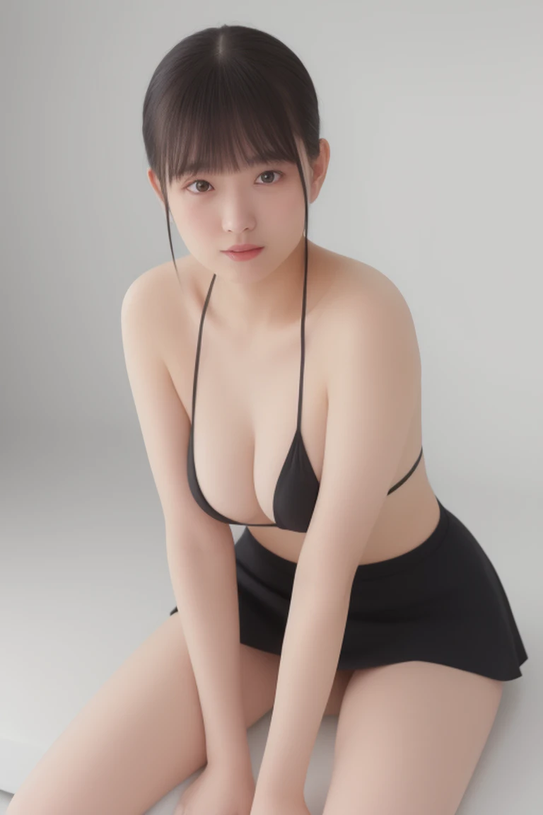  1 girl in uniform,  high definition , masterpiece、smile,  Shortcut,  black hair,  look, 、 sitting with legs open 、Big eyes and droopy eyes、round face、Full body portrait、bikini、 skirt with open pupils 