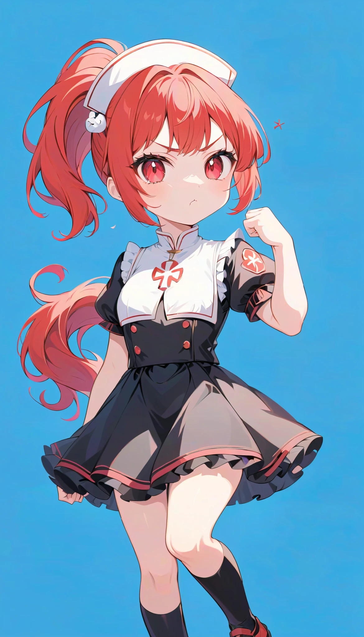  high definition ,  medium chest , :<, pout, anger vein, light red hair, high ponytail, clenched hand,  eyes symbol ,  cute background,  anime style, whole body, nun