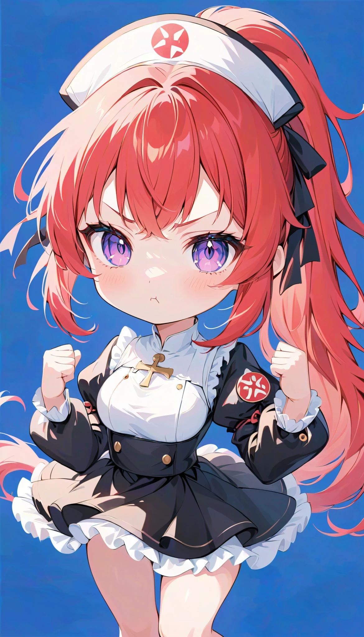  high definition ,  medium chest , :<, pout, anger vein, light red hair, high ponytail, clenched hand,  eyes symbol ,  cute background,  anime style, whole body, nun