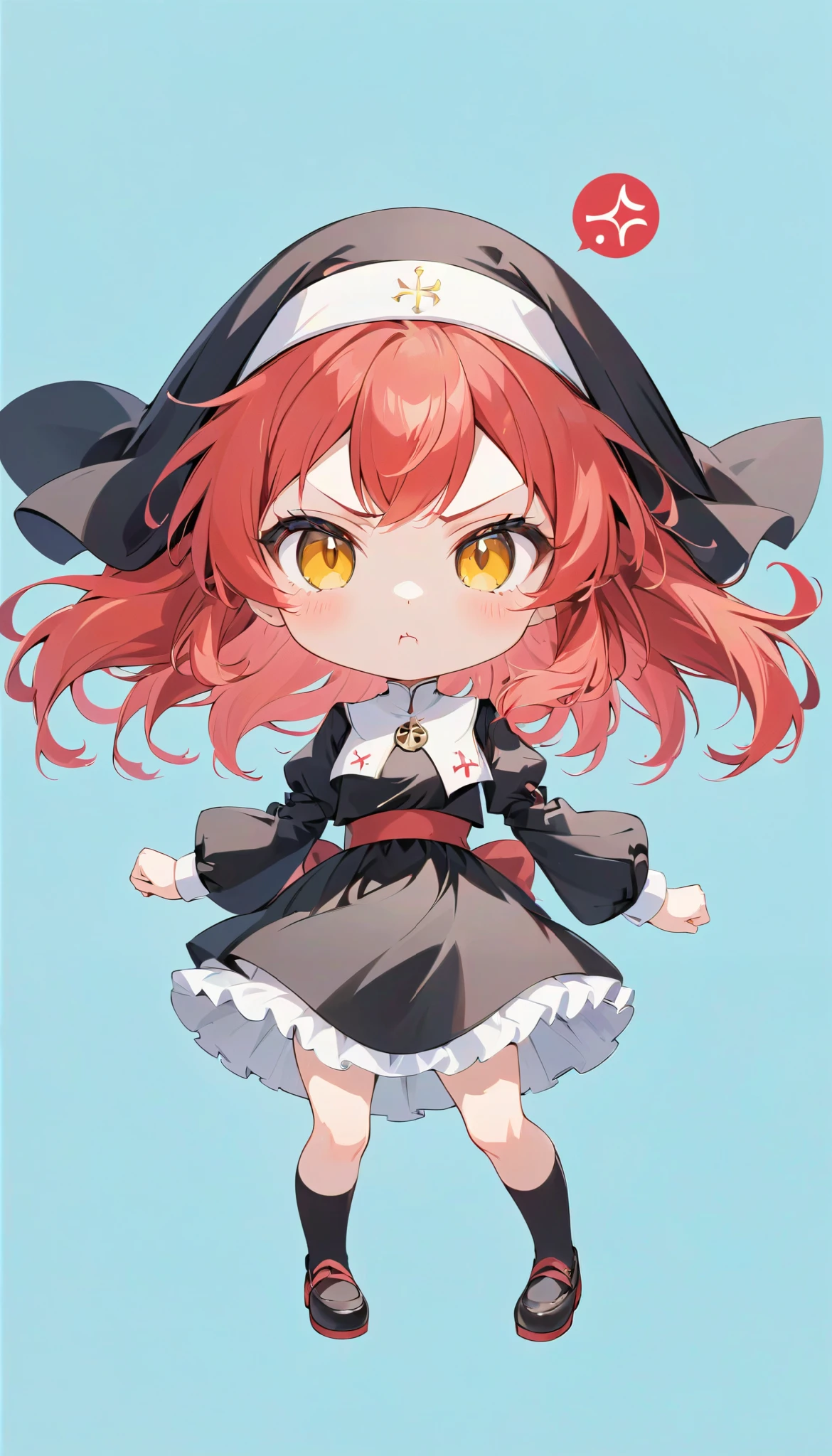  high definition ,  medium chest , :<, pout, anger vein, light red hair, high ponytail, clenched hand,  eyes symbol ,  cute background,  anime style, whole body, nun