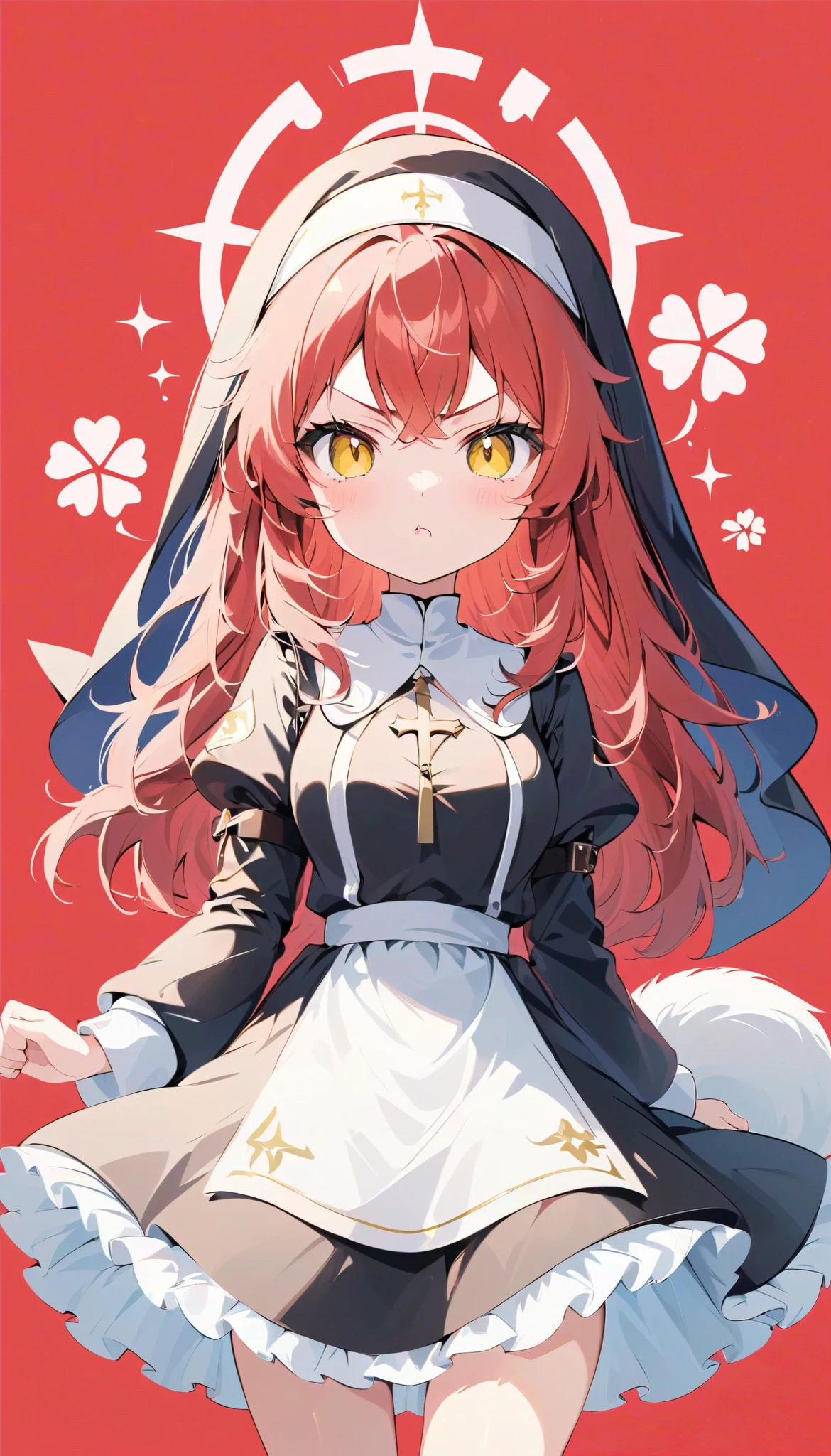  high definition ,  medium chest , :<, pout, anger vein, light red hair, high ponytail, clenched hand,  eyes symbol ,  cute background,  anime style, whole body, nun