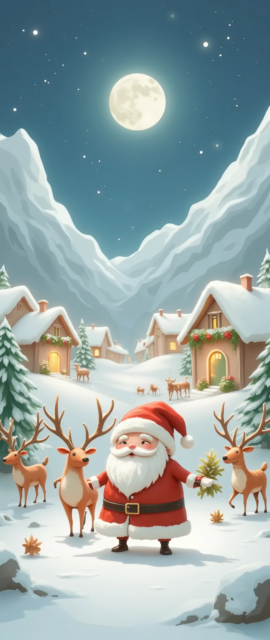 (masterpiece:1.2, top quality),( very detailed), Best Illustration ,8k,16k, Santa Clausの村,beautiful, reindeer, Santa Claus, Santa Clausの家