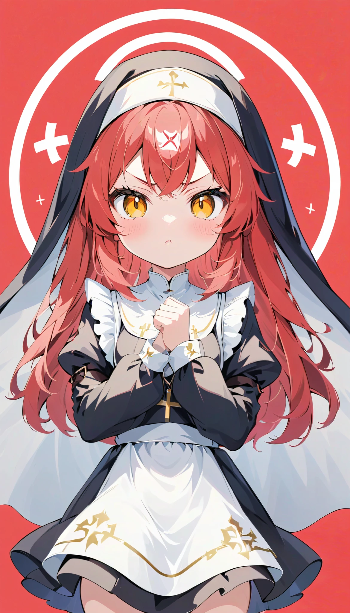  high definition ,  medium chest , :<, pout, anger vein, light red hair, high ponytail, clenched hand,  eyes symbol ,  cute background,  anime style, whole body, nun