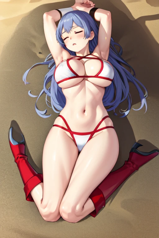 masterpiece, best quality, beautiful art, high resolution, well formed hands, body and fingers, 1 woman, solo, Miku Izayoi, blue hair, wearing a Tyris Flare bikini clad,  long hair , full body picture,  grown up, adult, large and big breasted, cleavage, hair ornament, , white_bikini, tyris_flare_bikini, full body picture, sexy and skimpy bikini, gorgeous hips, sexy and bare legs and thighs, bouncing breasts, red boots, ryona,in peril, she is defeated, knocked out, passed out, closed eyes, fainting, exhausted, unconscious, laying on her side, displaying a view of her sexy and bare legs and thighs, knocked down on the sand, extended exposed body, close up on her big and large breasts, and legs and thighs, full body on the sand, breathing heavily, exuding sensuality and allure,bouncing breasts, sexy defeated and KO pose, defeat and KO scene, fallen beauty, sexy damsel in distress, martial arts tournament with beach environment ryona,in peril, she is defeated, knocked out, passed out, closed eyes, fainting, exhausted, unconscious,laying on her side, displaying a view of her sexy and bare legs and thighs, knocked down on the sand, extended exposed body, close up on her big and large breasts, and legs and thighs, full body on the sand, breathing heavily, exuding sensuality and allure,bouncing breasts, sexy defeated and KO pose, defeat and KO scene, fallen beauty, sexy damsel in distress, martial arts tournament with beach environment