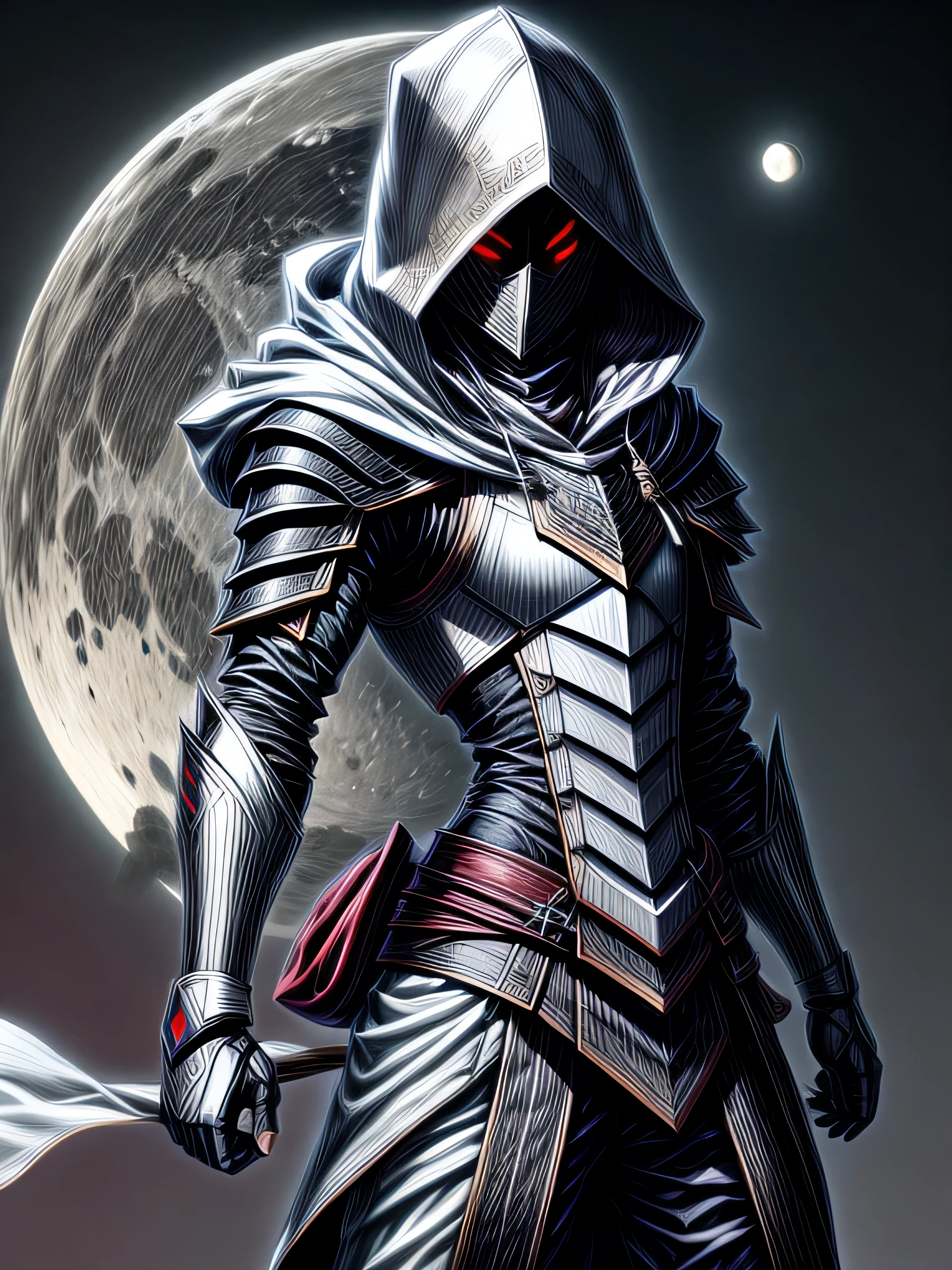 male assassin ,From hoodie to iron mask , white armor with black , with a waning moon in the background .