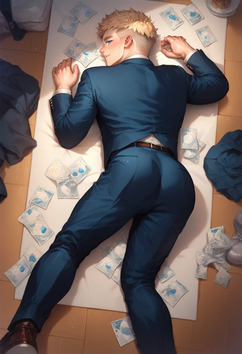 Blond-haired and blue-eyed cute twink boy in a suit lying on the floor showing his ass