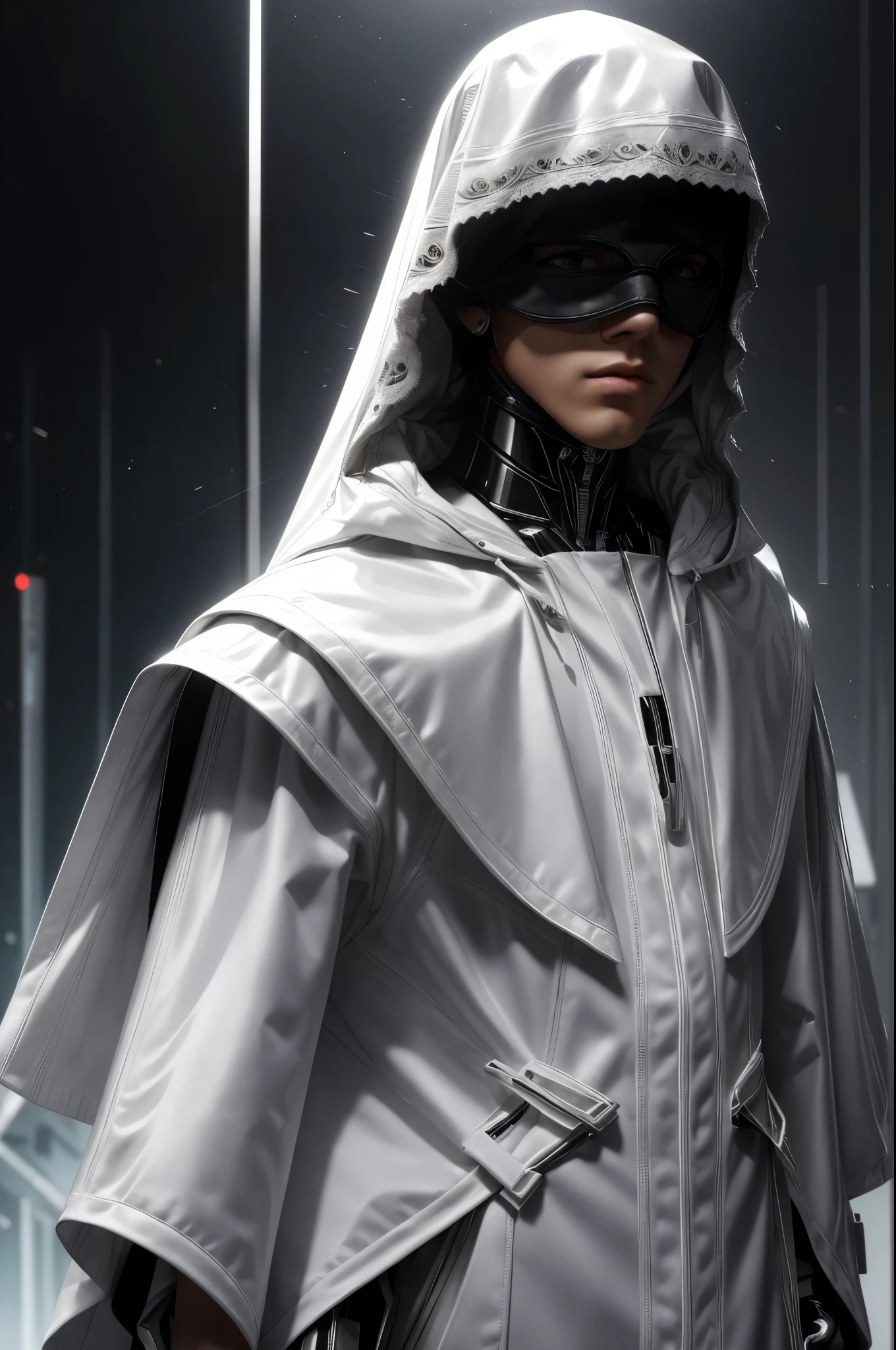 masterpiece, best quality, extremely detailed, hyperrealistic, photorealistic, a cool mexican 20s robot boy, ultra detailed face, blonde hair, white suits, white raincoat, riding veil hood, mask, standing, futuristic factory