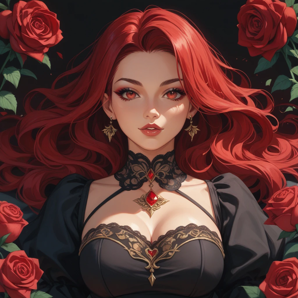 Beautiful woman with wavy hair and two red roses in her hair, with a thin and delicate face she wears red lipstick and has striking eyes, she wears a necklace of red roses, She wears a red and black dress and has two roses on her dress.