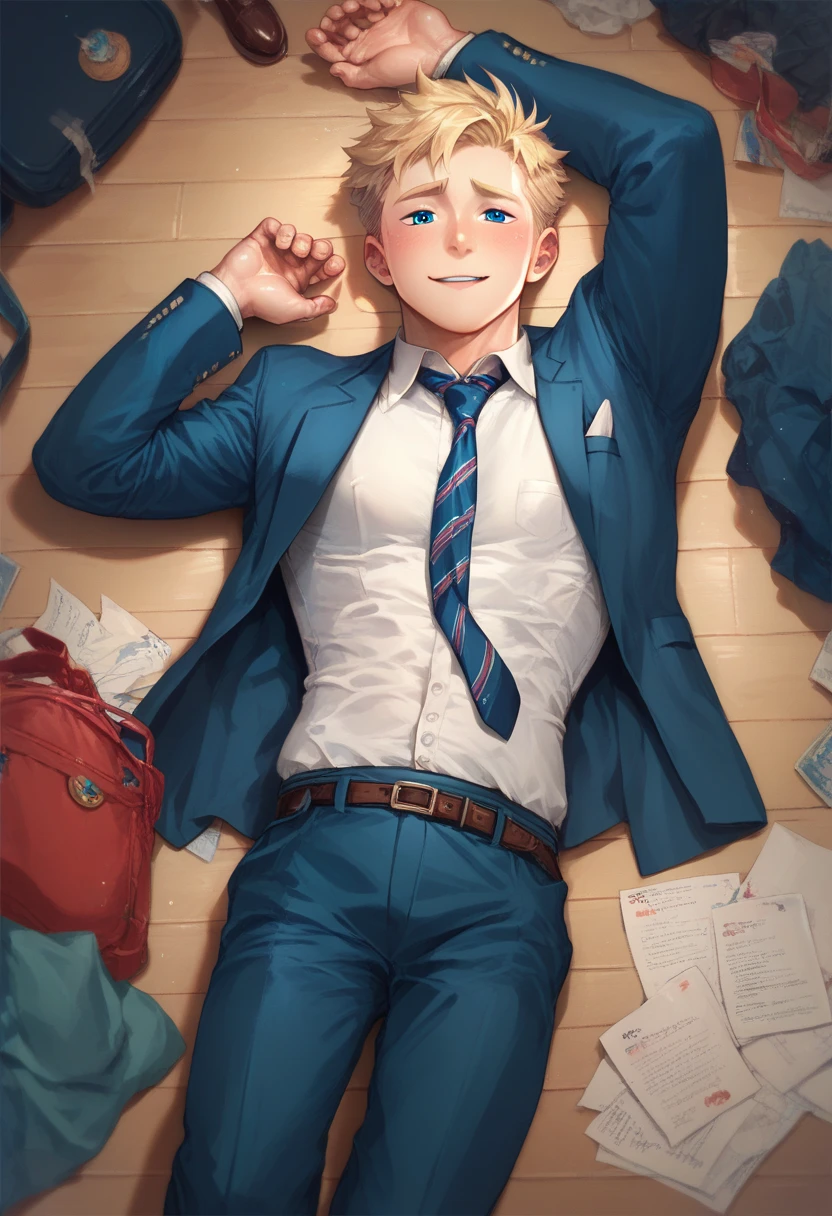 Blond-haired and blue-eyed cute twink boy in a suit lying on the floor 