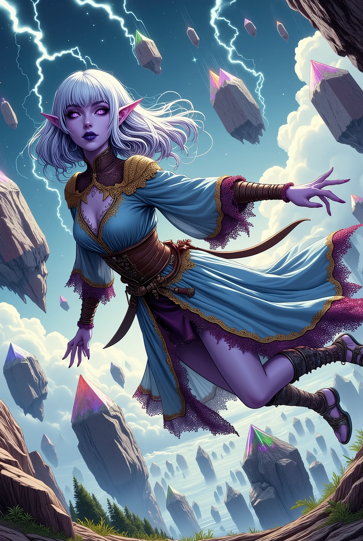 (Ultra-detailed face, Looking away, Fantasy Illustration with Gothic, Dark tone colors.), BREAK 
(A world where everything in the world has electricity and emits plasma. A female Dark Elven Sorceress takes the form of an Air Servant, herself an elemental of electricity. She is lightly flying between large rocks of rainbow-colored crystals floating in the air, her body horizontal as she somersaults in a trajectory of light. Plasma is flying between the crystal boulders. The female sorceress has a daring sexy pose and a sleepy sexy look on her face.), BREAK 
(A young female dark elf sorceress has white hair, white eyebrows, blunt bangs, waist-length long messy hair, lavender eyes, small pink lips, dark purple skin, and thick blue lamé eyeliner.), BREAK 
(A female dark elf sorceress wears a tiara made of crystal and a medieval-style lace-up dress of blue draped transparent fabric with yellow trim and red lace ruffles. She wears a wide blackcurrant sash around her waist and an archaic dagger at her hip. She wears white laced sandals that emit electric shocks.), BREAK 
(The air is blue-white, the sun shining, fluttering and electricity dancing in the wings. He is far above the ground, in a place where crystal rocks float in the air.)