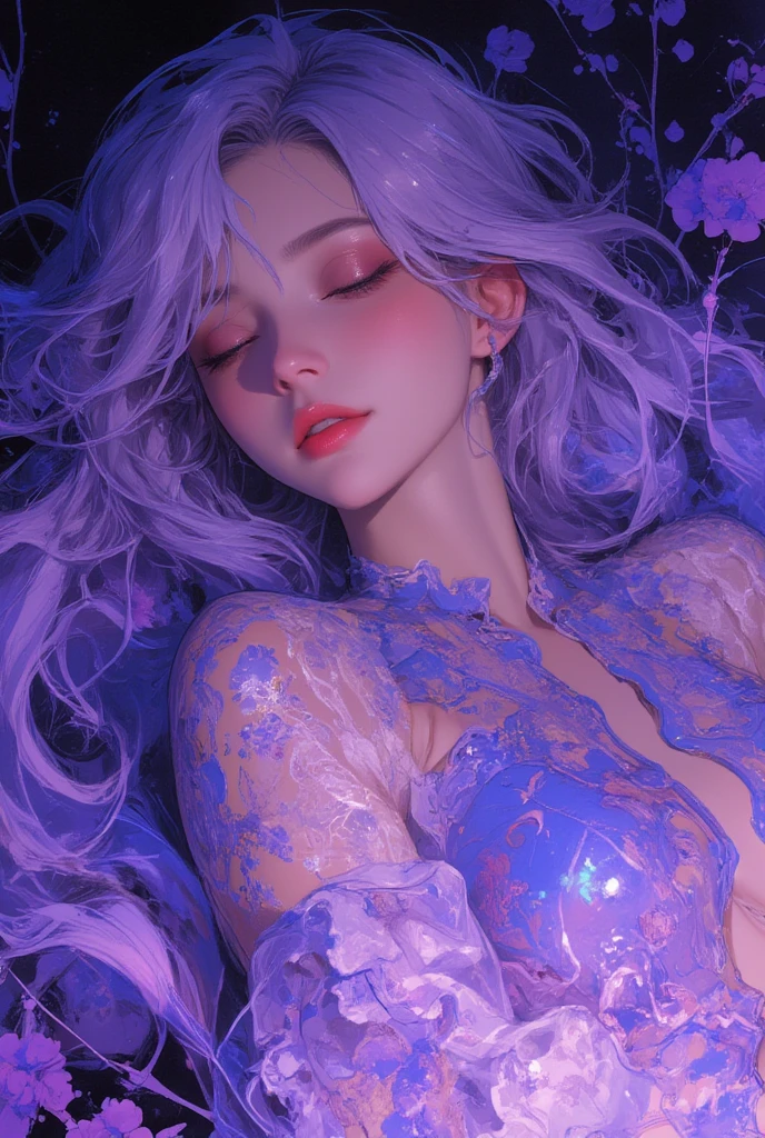 colorful watercolor painting.a woman,lying gracefully.flowing lavender hair.a serene expression.She wears delicate, clothing adorned with floral patterns.beauty and dreamlike tranquility, oil painting, a detailed painting, ink artistic conception, real paint texture, hyper-realistic, depth of field, (full body:1.3), charming, desire, fine facial features, dramatic lighting, Realistic, highly detailed, masterpiece, 8k, Cinematic Composition, dark moody vibe, Dramatic Shadows, Intricate and elaborate pattern, 30 megapixel, chiaroscuro lighting, moody color palette, deep contrast, realistic anime style, A fusion of the styles of Katsuya Terada, Range Murata, Akiman and JUNNY