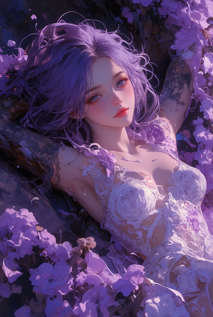 "((Galactic)) scene portraying an alien girl surrounded by a symphony of clouds, splashes of vivid colors, and delicate flowers, 
an imaginative composition that sparks the viewer's curiosity", 
saturated colour. Bright, bold
