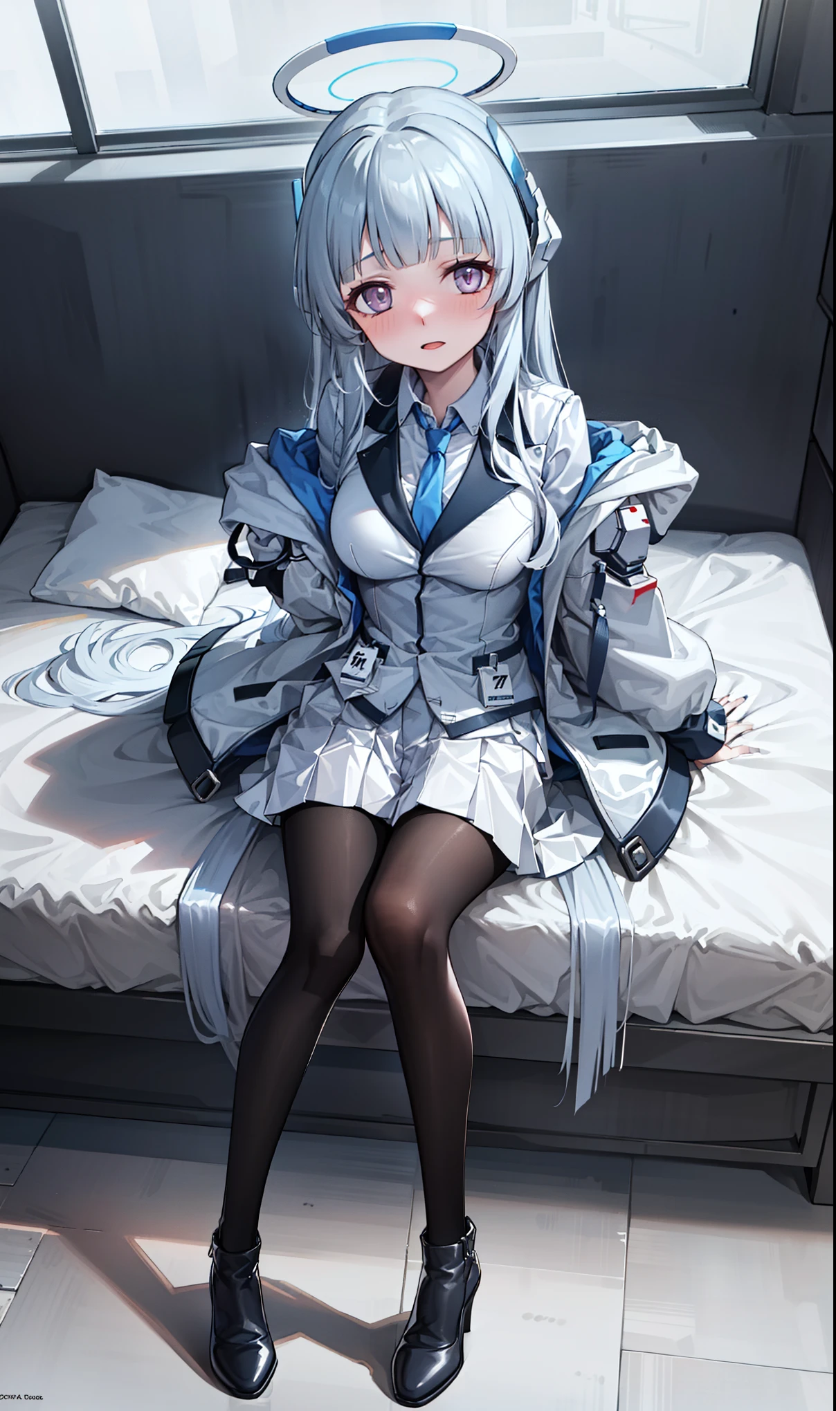 (Exquisite Tidal Noa), 8K,  Ultra High Resolution , (masterpiece:1.2), (,   delicate and beautiful eyes  ), Extremely subtle, , Real light and shadow, permanent, Natural Movement, rest (Blue tie,   white shirt  ,   Strapless, White jacket, Open-front jacket, Long sleeve,   White Dress  , Pleated Skirt,   black pantyhose),   Mechanical housing，arms，floating，In battle，