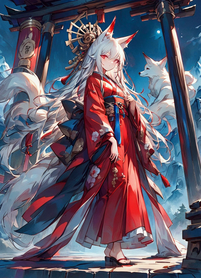 Masterpiece, highest resolution, highest quality, detailed depiction, beautiful, art, watercolor style,  full body shot、Japanese yokai, ((nine-tailed fox)), full body shot、Left side shot 、 shot from left、 anthropomorphized fox, fair skin, slender eyes with distinct red eyeliner, Beautiful silver hair, long hair, fox ears emerging from the head, beautiful white and red kimono, cool beauty, midnight,   looking at a shrine 、smile、 full body shot、Mountain Background、 4K graphics.