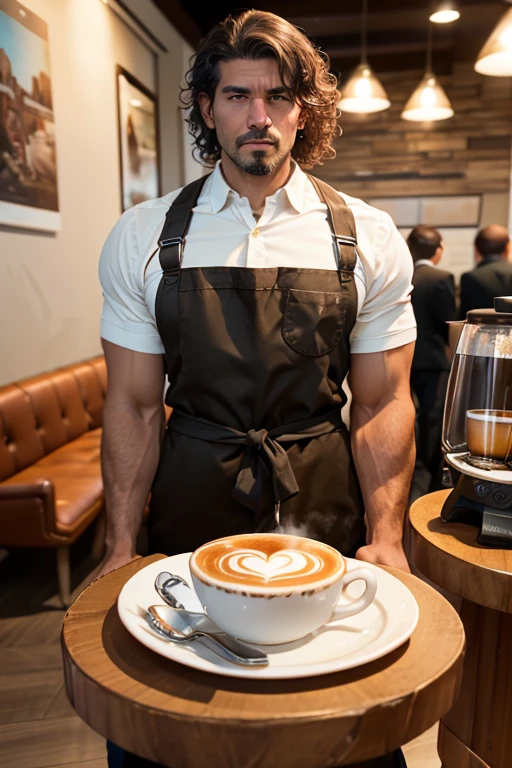 ( best quality ,4k,8K,highres, masterpiece :1.2), ultra detailed ,( realistic ,photo realistic ,photo- realistic :1.37), huge muscular man with a tight t-shirt , Working at a cafe , expressive eyes , impressive physique , vibrant personality , strong arms and wide shoulders ,tailor made suit, concentrated expression , dedicated to coffee making , interacting with customers ,Beautiful face,  strong jaw , wavy hair , excellent customer service , Warm and welcoming environment , coffee machines and equipment , x} multicolored coffee beans , modern interior design , comfortable seating area , steaming coffee cups , gourmet cakes and desserts , artistic latte art , energetic and bustling environment , fresh coffee aroma , lively conversations , relaxing background music , soft natural lighting , beautifully presented drinks , elegant barista apron , unique coffee blends , friendly and welcoming staff , meticulously crafted coffee menu , cozy and inviting environment , happy and satisfied customers ,cafe as a social hub , coffee aroma that fills the air , intimate environment y charming , passionate coffee enthusiasts , exquisite flavor combinations , creative coffee recipes , colorful coffee cups , coffee-themed artwork on the walls , impressive and delicious coffee varieties , Grade A coffee beans , meticulous attention to detail in coffee making, latte macchiatos and cappuccinos , artistic coffee presentations , vintage coffee grinder , relaxing and cozy seating arrangements 