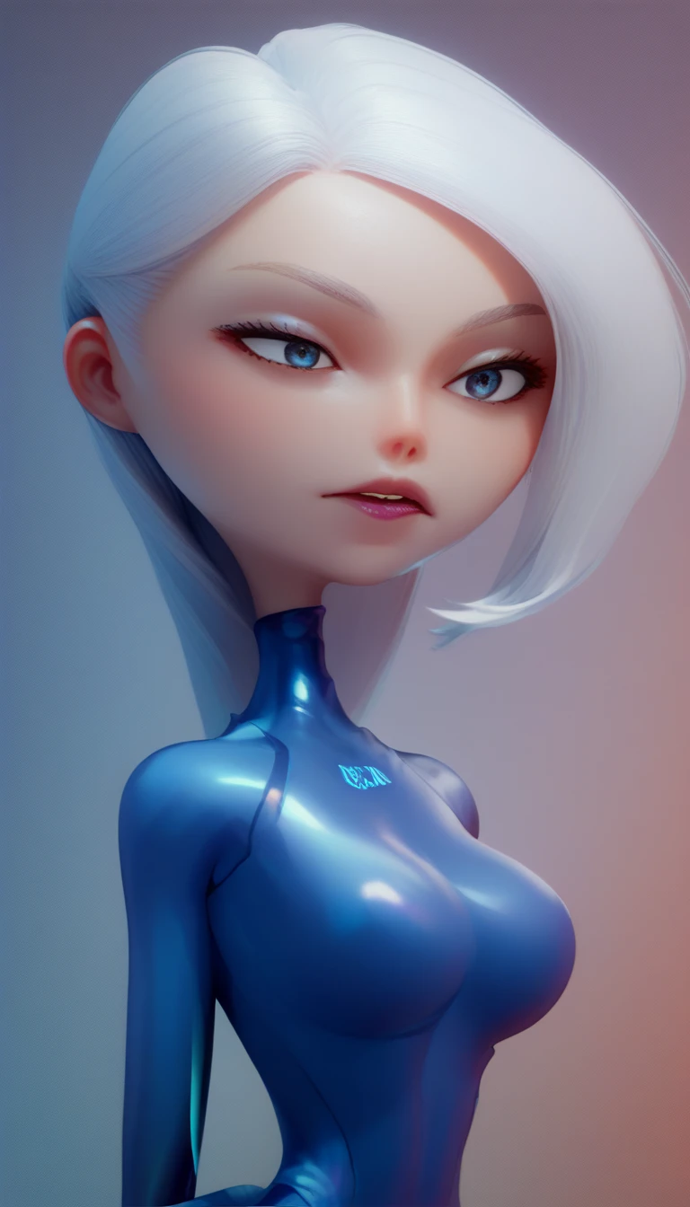 Tanned Woman with silver hair. She has a small blue geometric wril tatoo on her forehead. She is wearing a skin-tight blue wetsuit. She is  floating upright in a geometric stasis coffin 