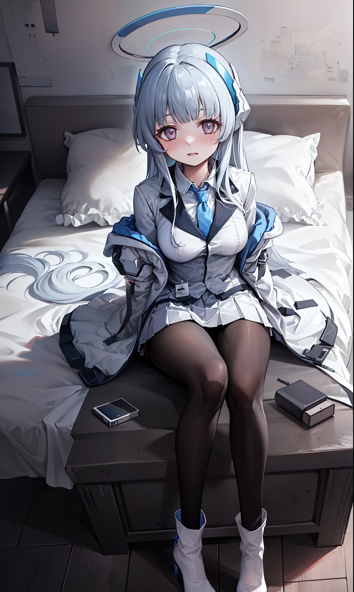 (Exquisite Tidal Noa), 8K,  Ultra High Resolution , (masterpiece:1.2), (,   delicate and beautiful eyes  ), Extremely subtle, , Real light and shadow, permanent, Natural Movement, rest (Blue tie,   white shirt  ,   Strapless, White jacket, Open-front jacket, Long sleeve,   White Dress  , Pleated Skirt,   black pantyhose),   Mechanical housing，arms，floating，In battle，