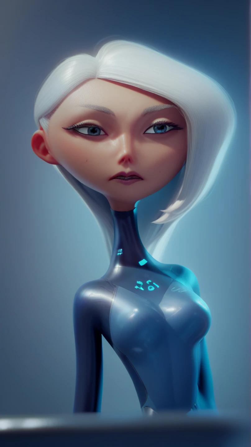 Tanned Woman with silver hair. She is wearing a skin-tight blue wetsuit. She is  floating upright in water encased inside a sci-fi stasis metal coffin.