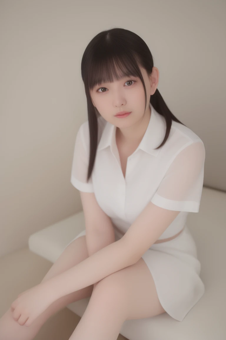  1 girl in uniform,  high definition , Highest Masterpiece、 show your teeth and laugh,  Shortcut,  black hair,  look, 、 sitting with legs open 、Big eyes and droopy eyes、round face、Full body portrait、 skirt with open pupils 、 topless