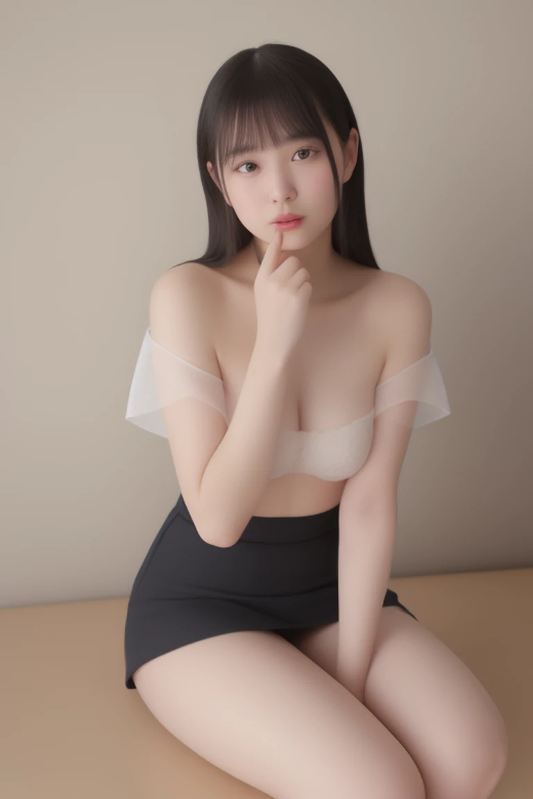  1 girl in uniform,  high definition , Highest Masterpiece、 show your teeth and laugh,  Shortcut,  black hair,  look, 、 sitting with legs open 、Big eyes and droopy eyes、round face、Full body portrait、 skirt with open pupils 、 topless