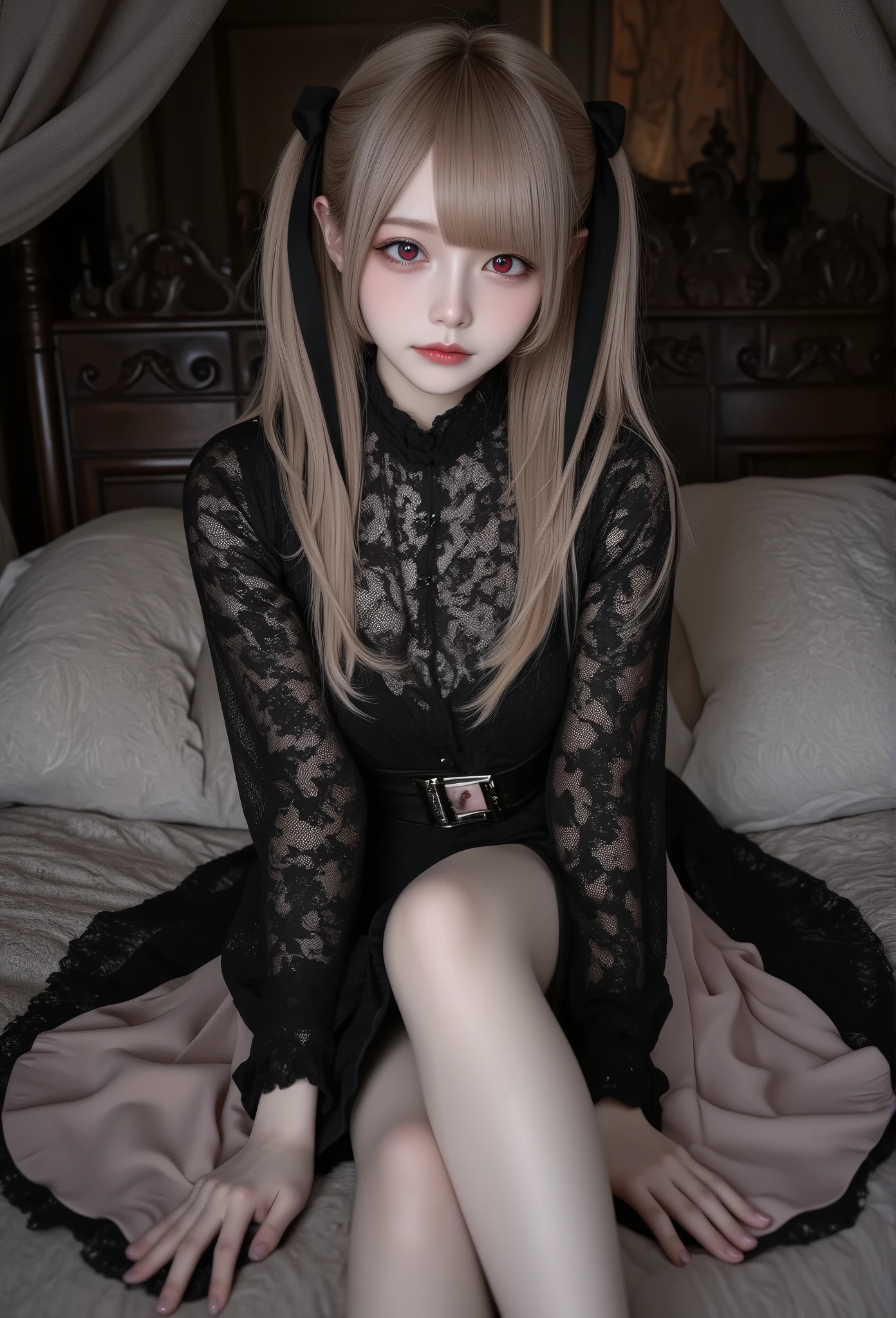 1girl,Jiraikei_Fashion_Flux, sits atop a grand, medieval bed in a dimly lit, ominous castle. Her legs are crossed confidently, and she wears a dark lace dress adorned with pastel pink accents. Her blonde twin tails tied with black ribbons gently fall over her shoulders as she looks down at the viewer with a smug, superior expression, her red eyes. The bed is ornately carved from dark wood, with velvet drapes framing it. The stone walls of the castle are adorned with faded tapestries, and the distant sound of thunder echoes through the grand hall. Shadows twist and dance across the room, giving an overwhelming sense of dread. This **full body, wide shot** captures the full scene of her relaxed posture against the backdrop of a decaying yet majestic medieval setting. **Jiraikei, full body, wide shot, dark medieval castle, foreboding atmosphere, crossed legs**.