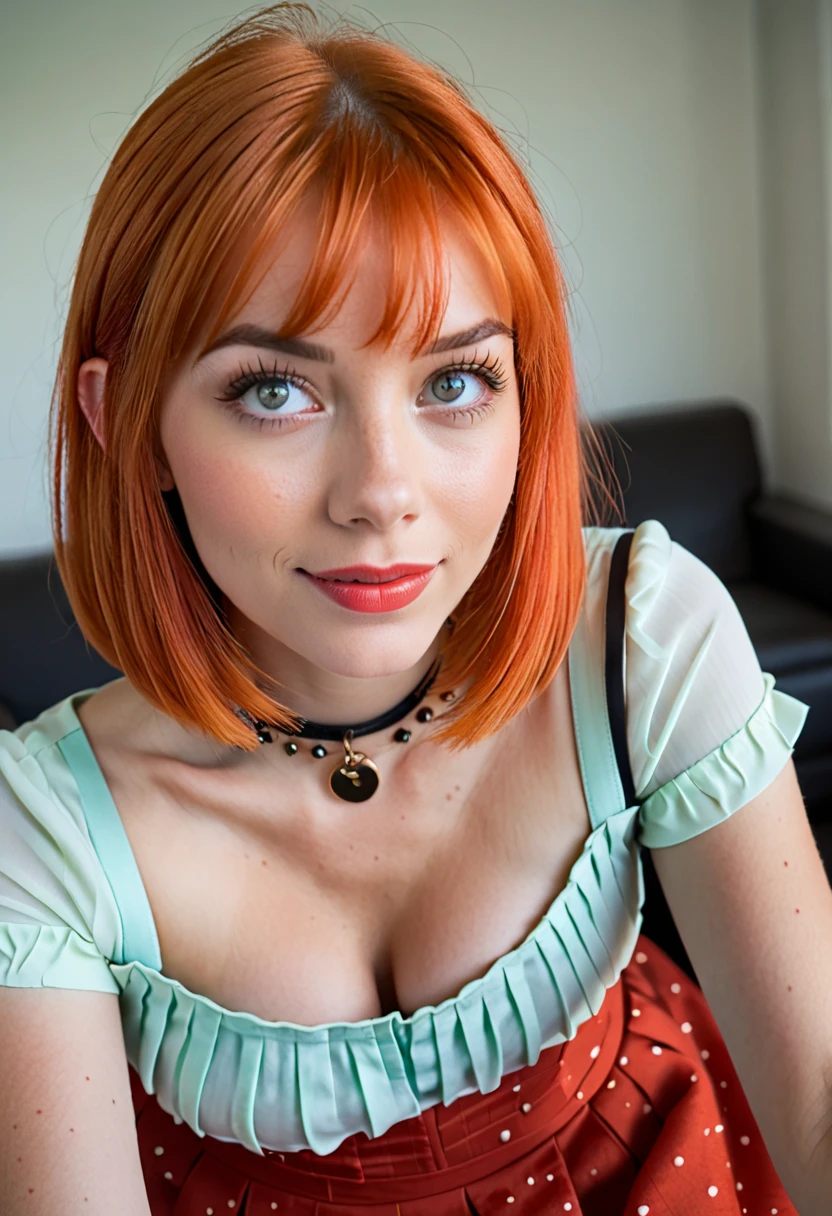 1girl, big clear eyes, eye contact, (small breasts:1.2), red choker, wide view, parted lips, pulpy lips, bright orange hair, showing off skirt, short messy hair, bangs, highly detailed, soft tones, extreme detail, no background, (detailed textures:1.1),  dramatic light, happy smile, high Depth Of Field, slight fisheye lens