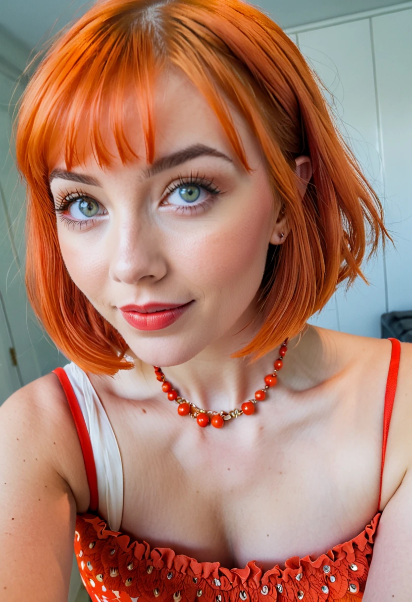 1girl, big clear eyes, eye contact, (small breasts:1.2), red choker, wide view, parted lips, pulpy lips, bright orange hair, showing off skirt, short messy hair, bangs, highly detailed, soft tones, extreme detail, no background, (detailed textures:1.1),  dramatic light, happy smile, high Depth Of Field, slight fisheye lens