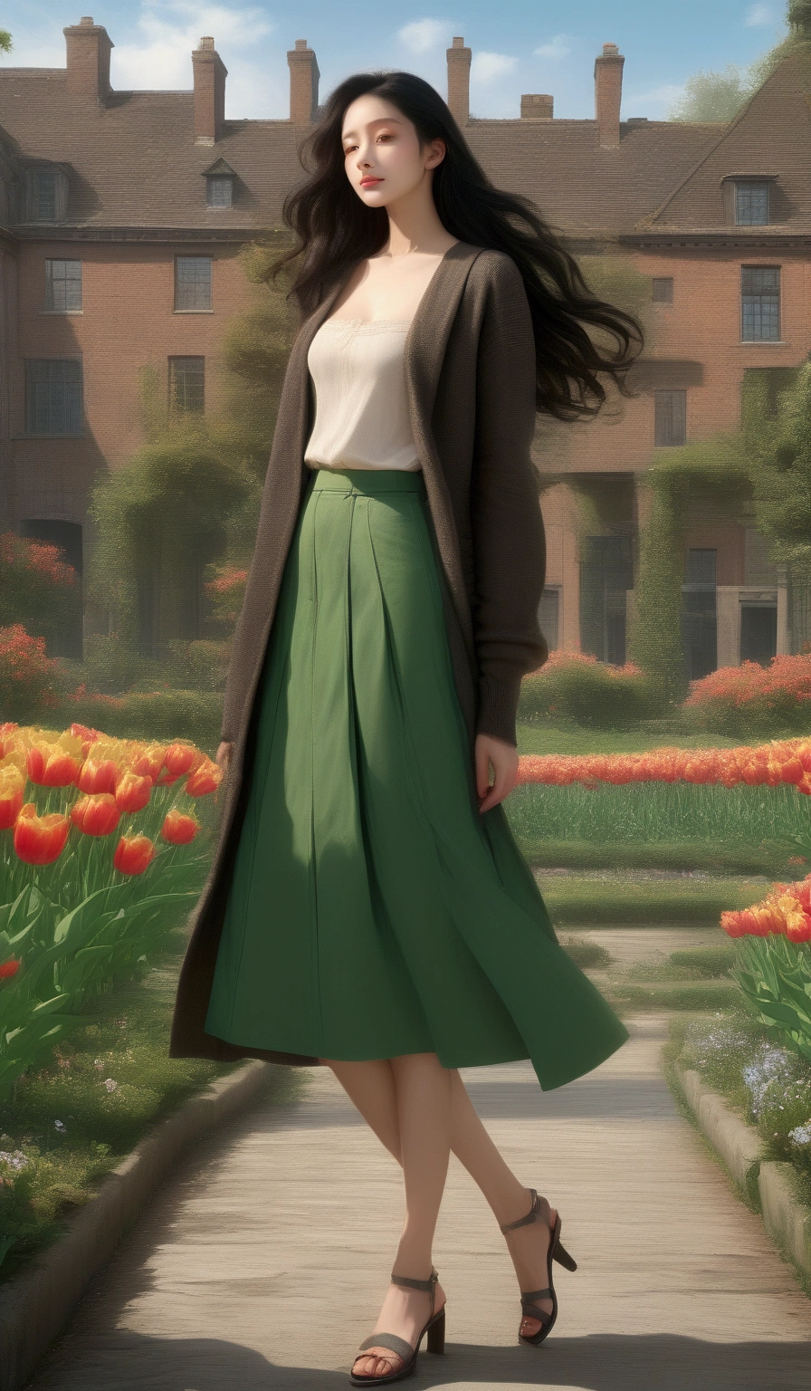 pretty woman, standing posed, tulip garden, Dutch style building, European architecture, (+black long hair), wear beige long sleeves cardigan, black strapless undershirt,  grayish-green denim pencil skirt, black flat sandals, BREAK, (1girl, solo, full body), (best quality,4k,8k,highres,masterpiece:1.2), realistic, photorealistic, ultra-detailed,cinematic lighting,moody lighting,dramatic shadows,vibrant colors, (expressive eyes, perfect face, perfect anatomy), brighter lighting