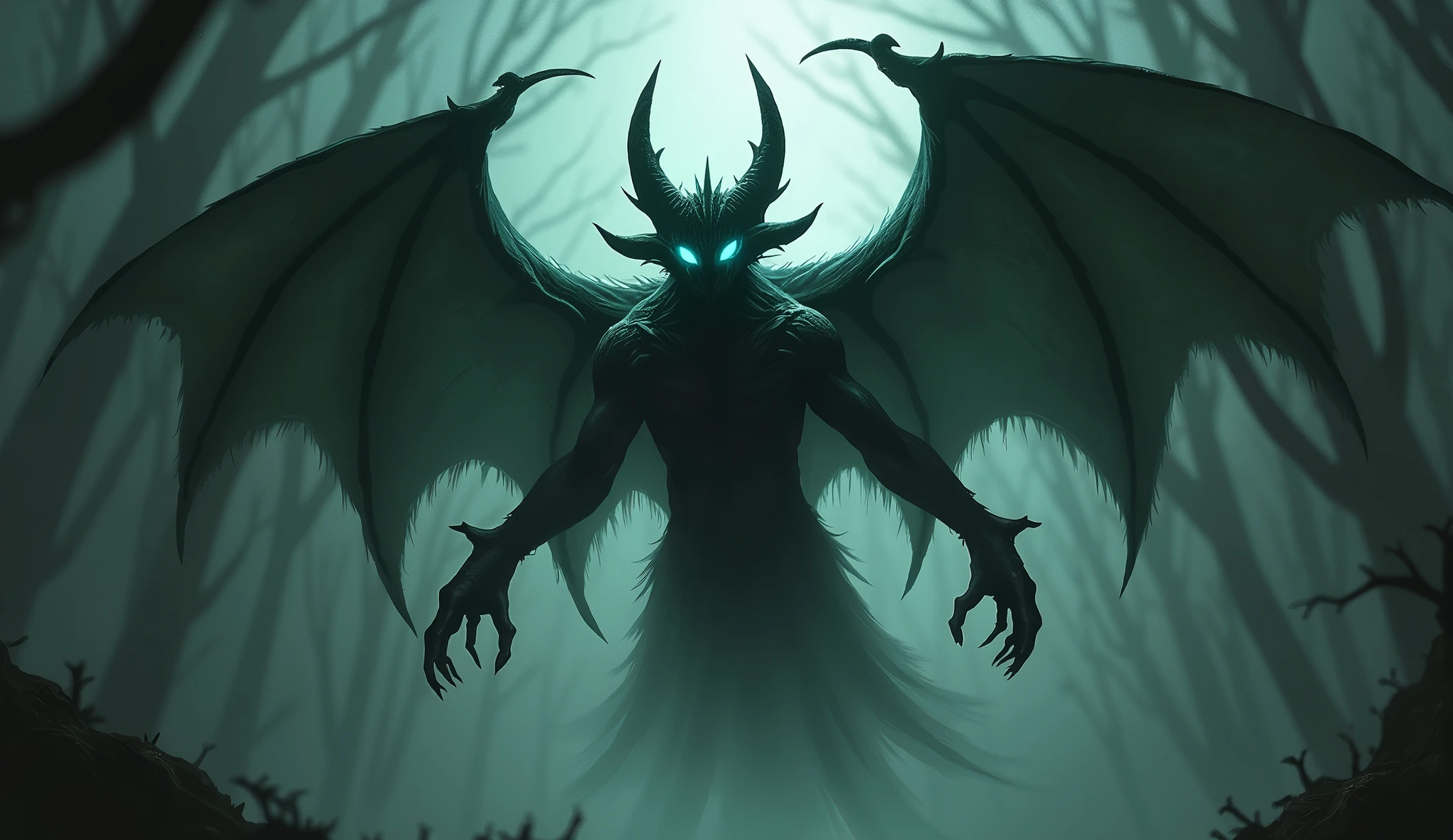 a demonic boss with huge wings standing in a dark forest with red light, bsft