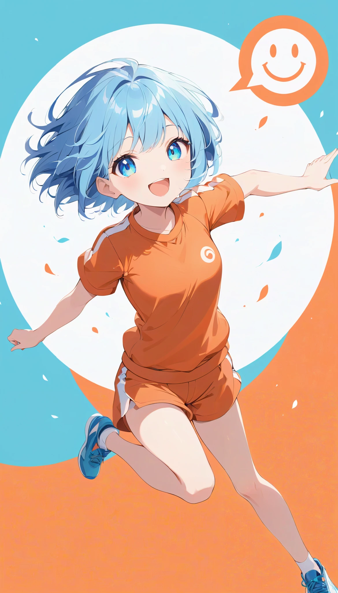  high definition ,  medium chest , smile, laughing, blue hair, very short hair, running,  eyes symbol ,  cute background,  anime style, whole body, orange gym uniform,  dynamic pose, from front