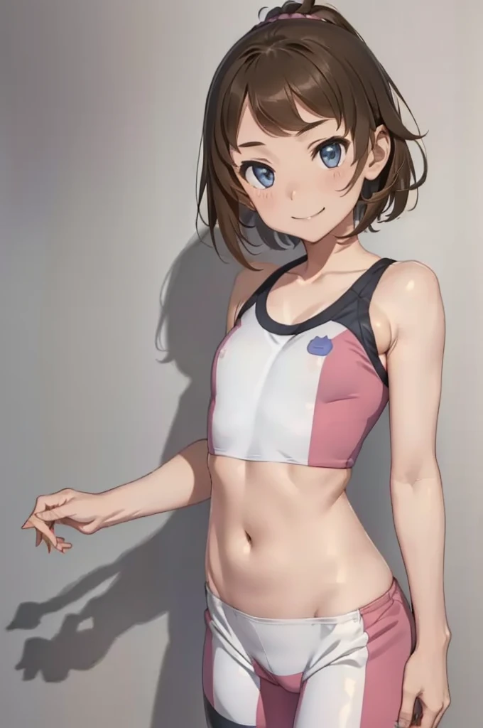 woman、Sports bra、Sweaty、Bobcut、Brown Hair、smile、Sexy expression、G Cup、No background、Background white