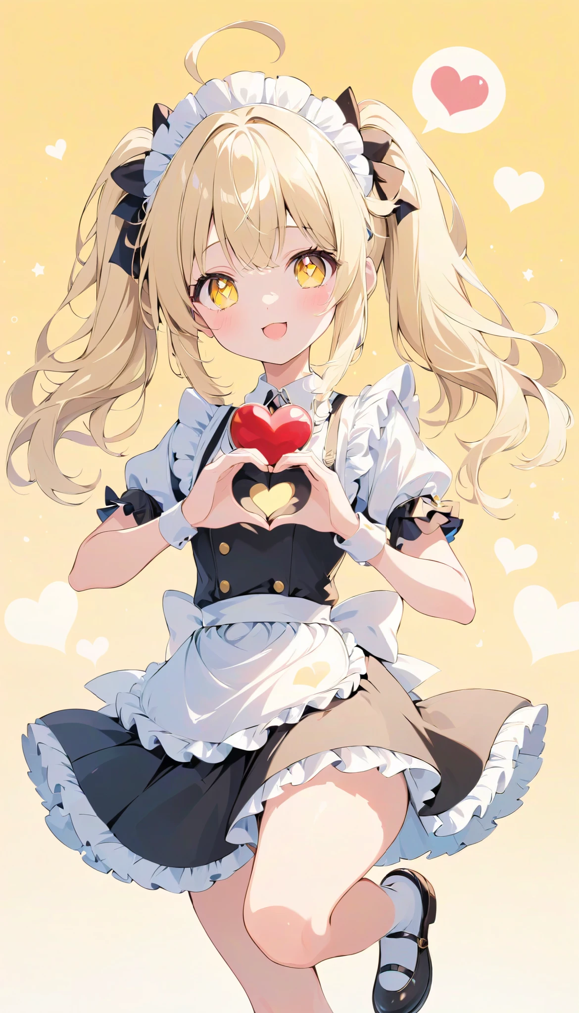  high definition ,  medium chest , heart hands, leg up, happy, spoken heart, blonde hair, two side up, star-shaped pupils,  eyes symbol ,  cute background, Light Yellow Background,  anime style, whole body, maid