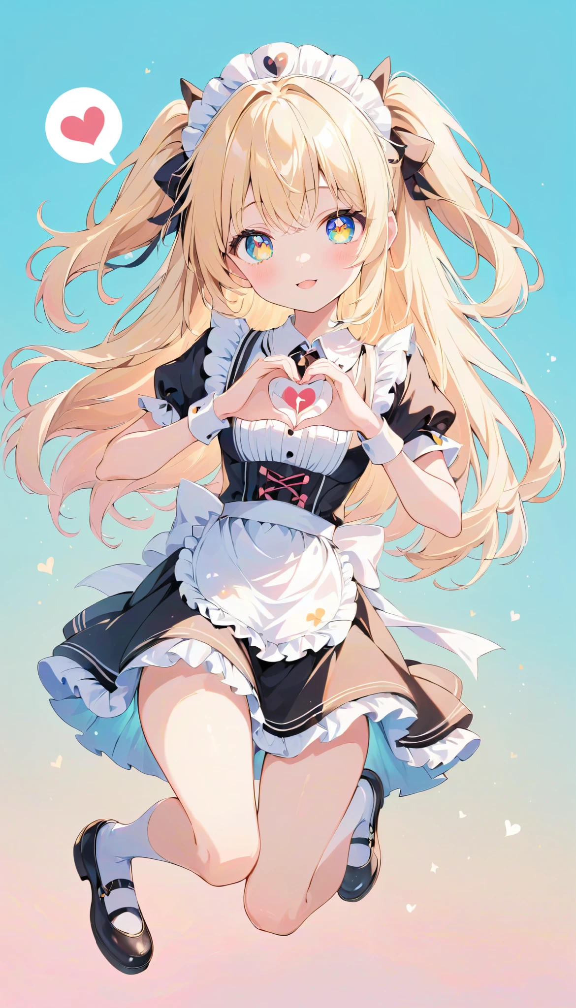  high definition ,  medium chest , heart hands, leg up, happy, spoken heart, blonde hair, two side up, star-shaped pupils,  eyes symbol ,  cute background,  anime style, whole body, maid