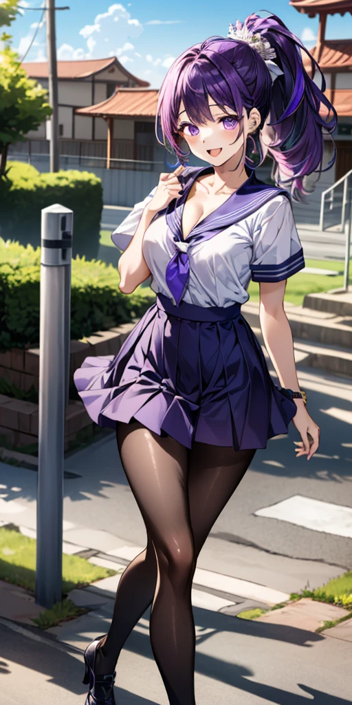 panty shot、blazer、Glasses、Beautiful Girl Magician、purple hair long bob hair、((whole body))、(((photo taken from below)))、school gate